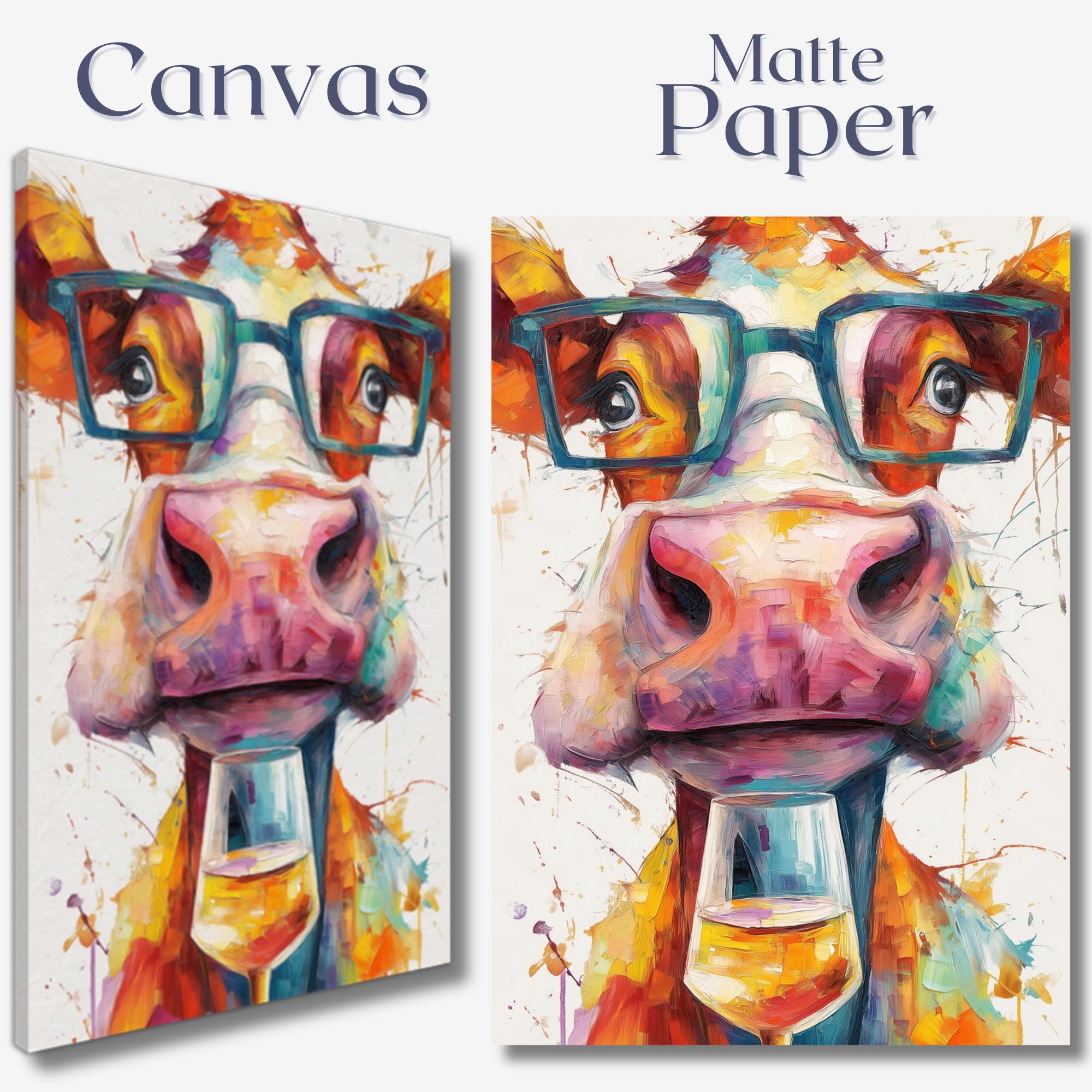 Jersey Cow with Wine Canvas Or Poster. Funny Painting Print Animal in Glasses Decor Large Kitchen Wall Picture Rainbow Abstract Paint Splash - CanvasityCrafts - Free Shipping