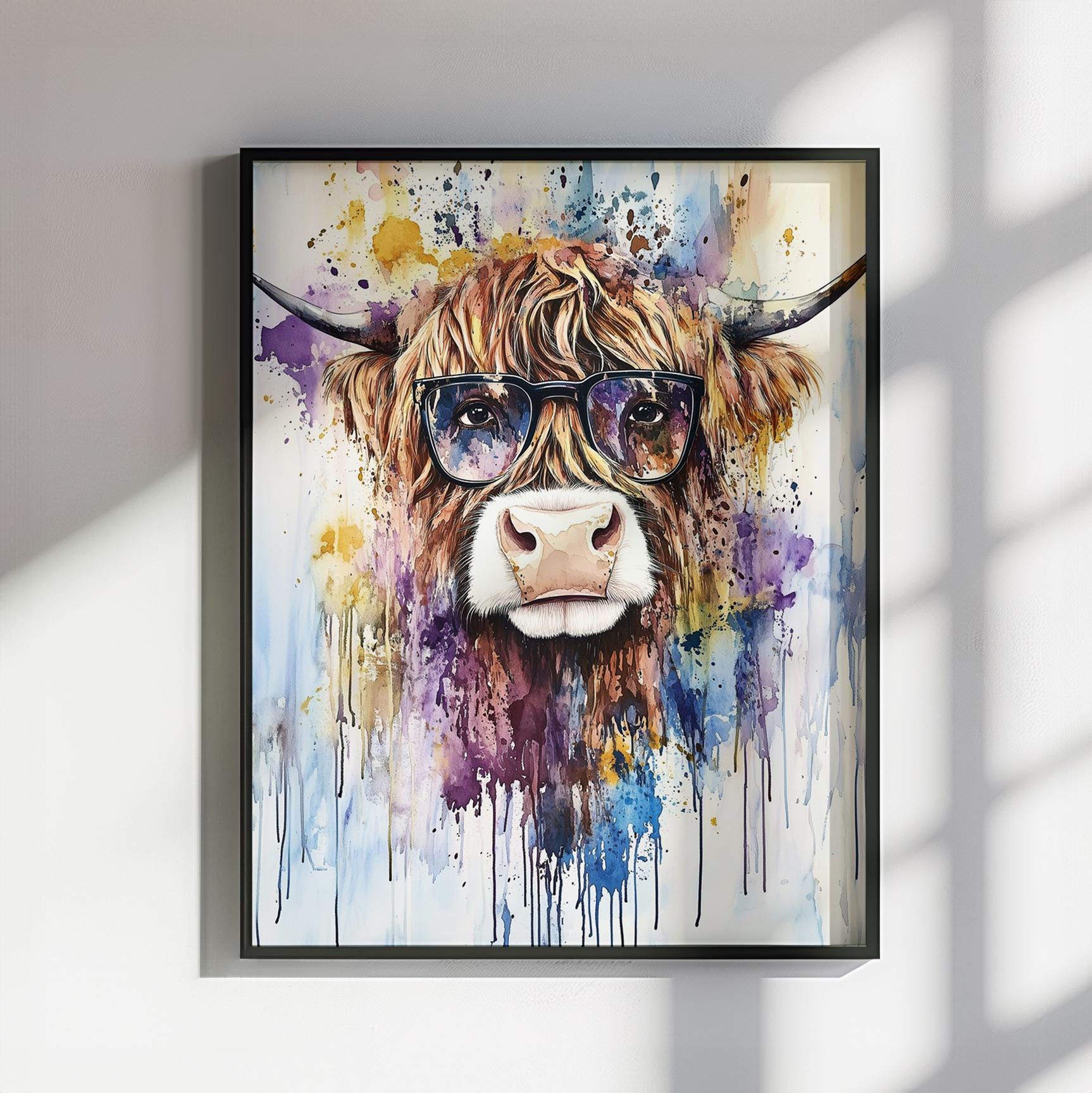 Highland Cow Wearing Glasses Canvas / Poster Print. Watercolour Paint Splash Wall Decor Gift Scottish Shaggy Cow Painting Farm Animal Farmer - CanvasityCrafts - Free Shipping