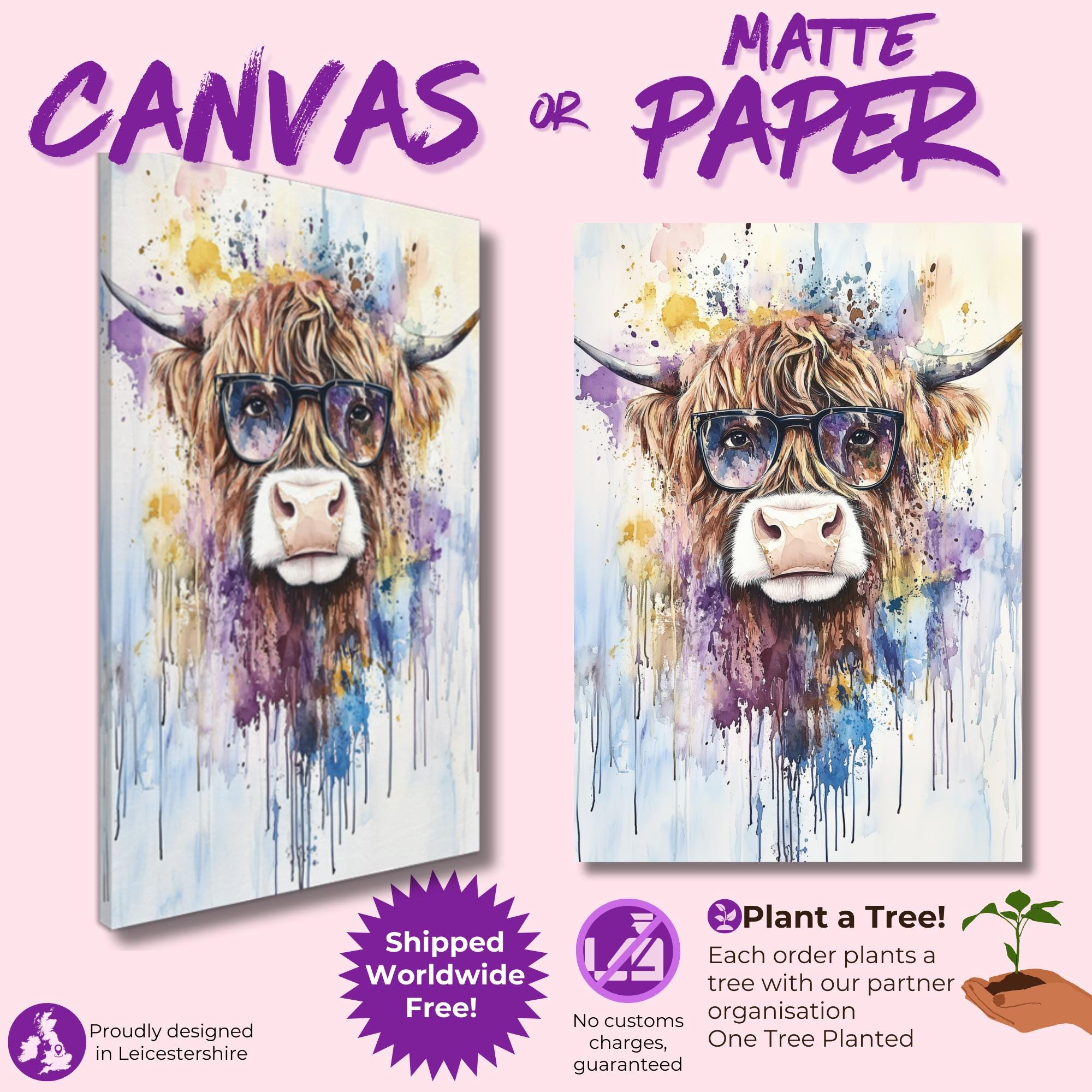Highland Cow Wearing Glasses Canvas / Poster Print. Watercolour Paint Splash Wall Decor Gift Scottish Shaggy Cow Painting Farm Animal Farmer - CanvasityCrafts - Free Shipping