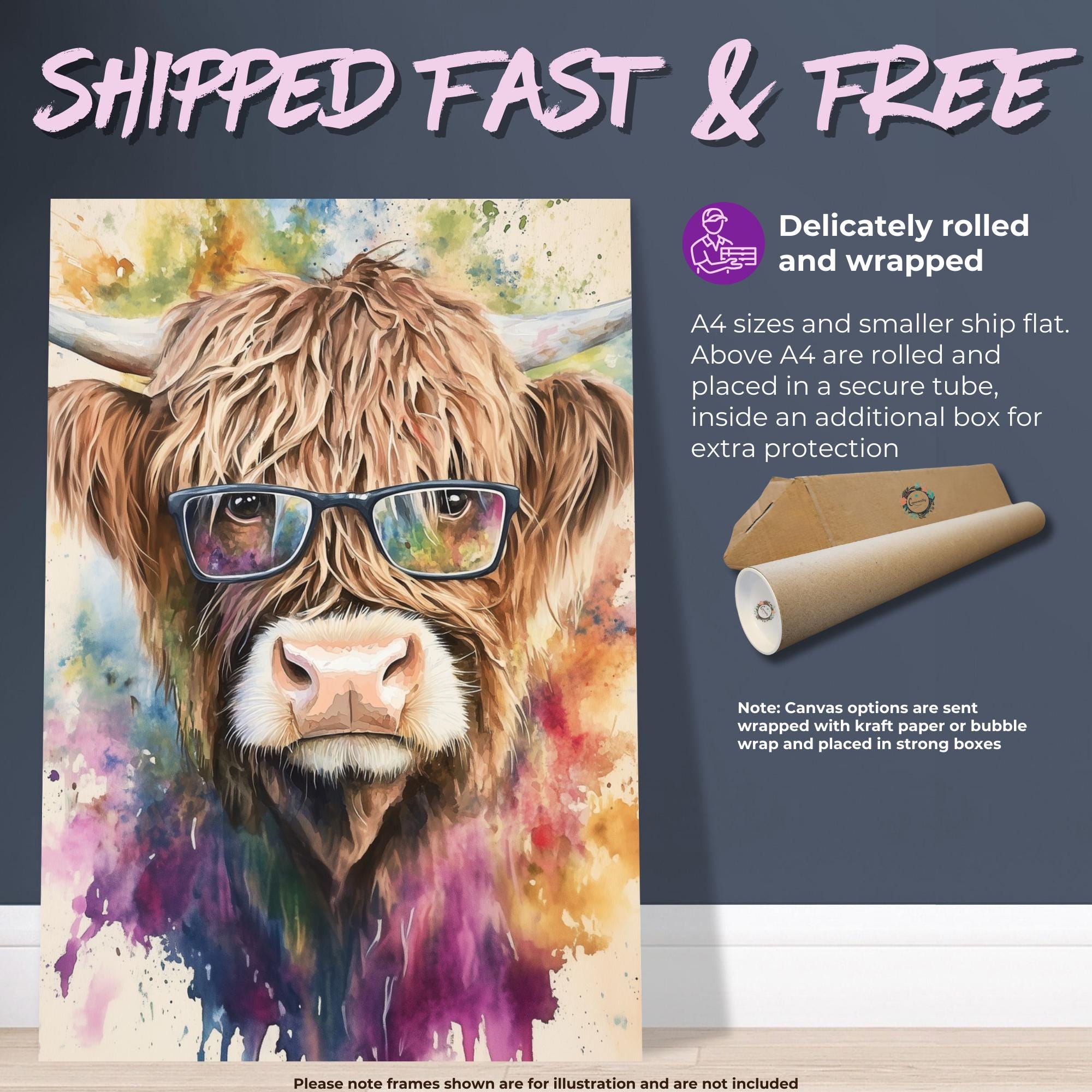 Highland Cow Wearing Glasses Canvas / Poster Print. Watercolour Paint Splash Wall Decor Gift Scottish Shaggy Cow Painting Farm Animal Farmer - CanvasityCrafts - Free Shipping