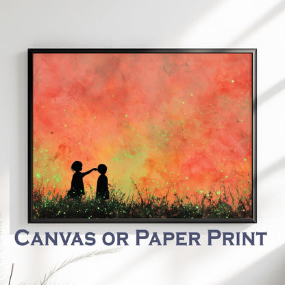 Glowing Fireflies Canvas / Unframed Print. Magical Childhood Keepsake Memories Watercolor Painting Peach Gold Wall Art Fire Flies Picture - CanvasityCrafts - Free Shipping