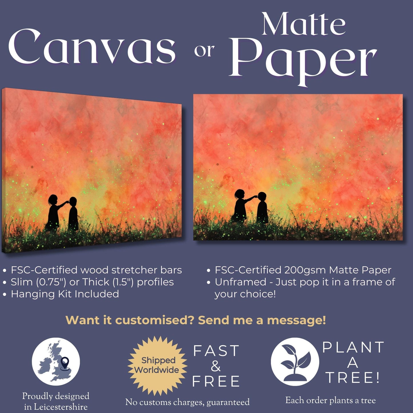 Glowing Fireflies Canvas / Unframed Print. Magical Childhood Keepsake Memories Watercolor Painting Peach Gold Wall Art Fire Flies Picture - CanvasityCrafts - Free Shipping