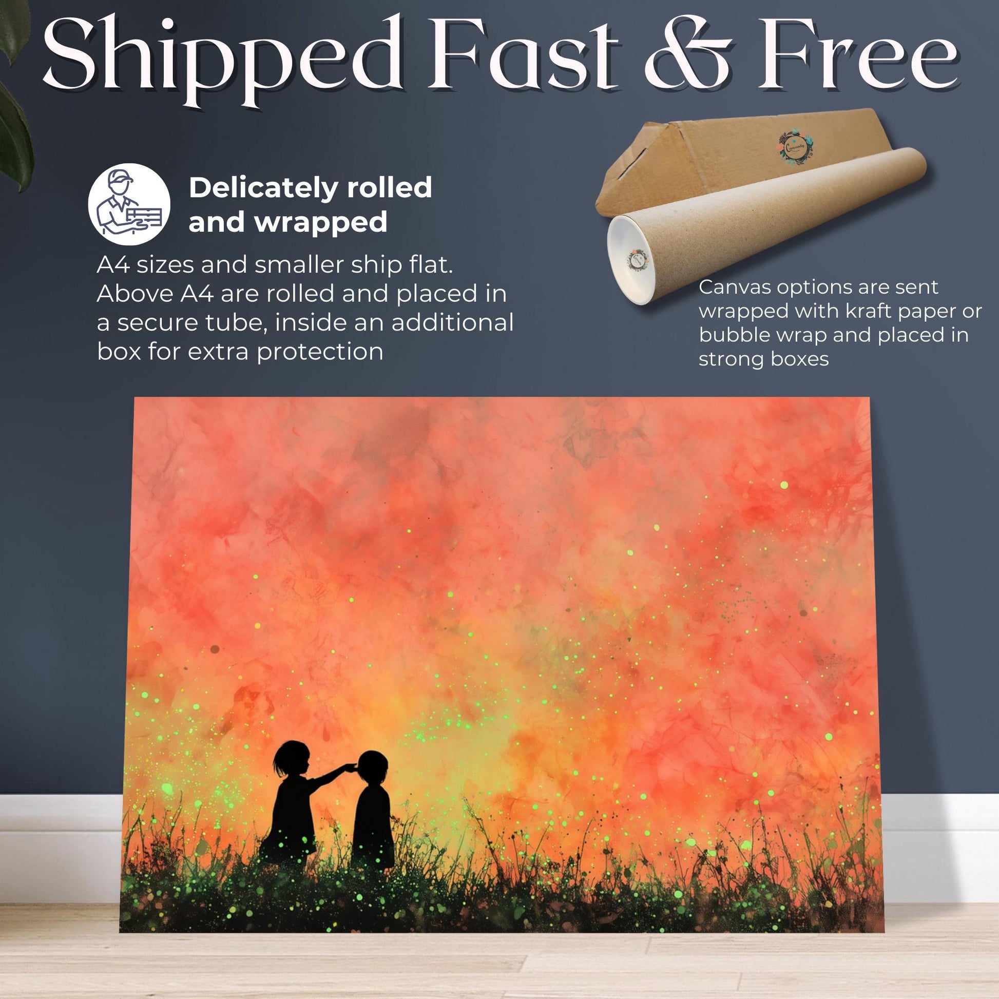 Glowing Fireflies Canvas / Unframed Print. Magical Childhood Keepsake Memories Watercolor Painting Peach Gold Wall Art Fire Flies Picture - CanvasityCrafts - Free Shipping