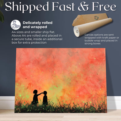 Glowing Fireflies Canvas / Unframed Print. Magical Childhood Keepsake Memories Watercolor Painting Peach Gold Wall Art Fire Flies Picture - CanvasityCrafts - Free Shipping