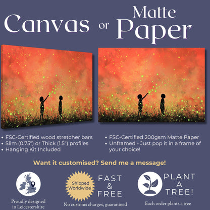 Glowing Fireflies Canvas / Unframed Print. Magical Childhood Keepsake Memories Watercolor Painting Peach Gold Wall Art Fire Flies Picture - CanvasityCrafts - Free Shipping