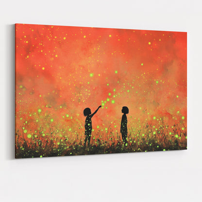 Glowing Fireflies Canvas / Unframed Print. Magical Childhood Keepsake Memories Watercolor Painting Peach Gold Wall Art Fire Flies Picture - CanvasityCrafts - Free Shipping