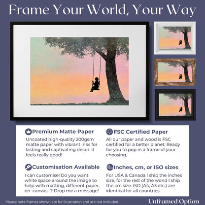 Child on a Swing Canvas / Unframed Print. Magical Childhood Keepsake Memories Watercolor Painting Coral Teal Wall Art Silhouette Picture - CanvasityCrafts - Free Shipping