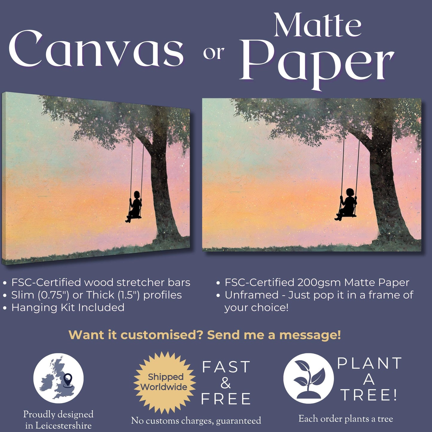 Child on a Swing Canvas / Unframed Print. Magical Childhood Keepsake Memories Watercolor Painting Coral Teal Wall Art Silhouette Picture - CanvasityCrafts - Free Shipping