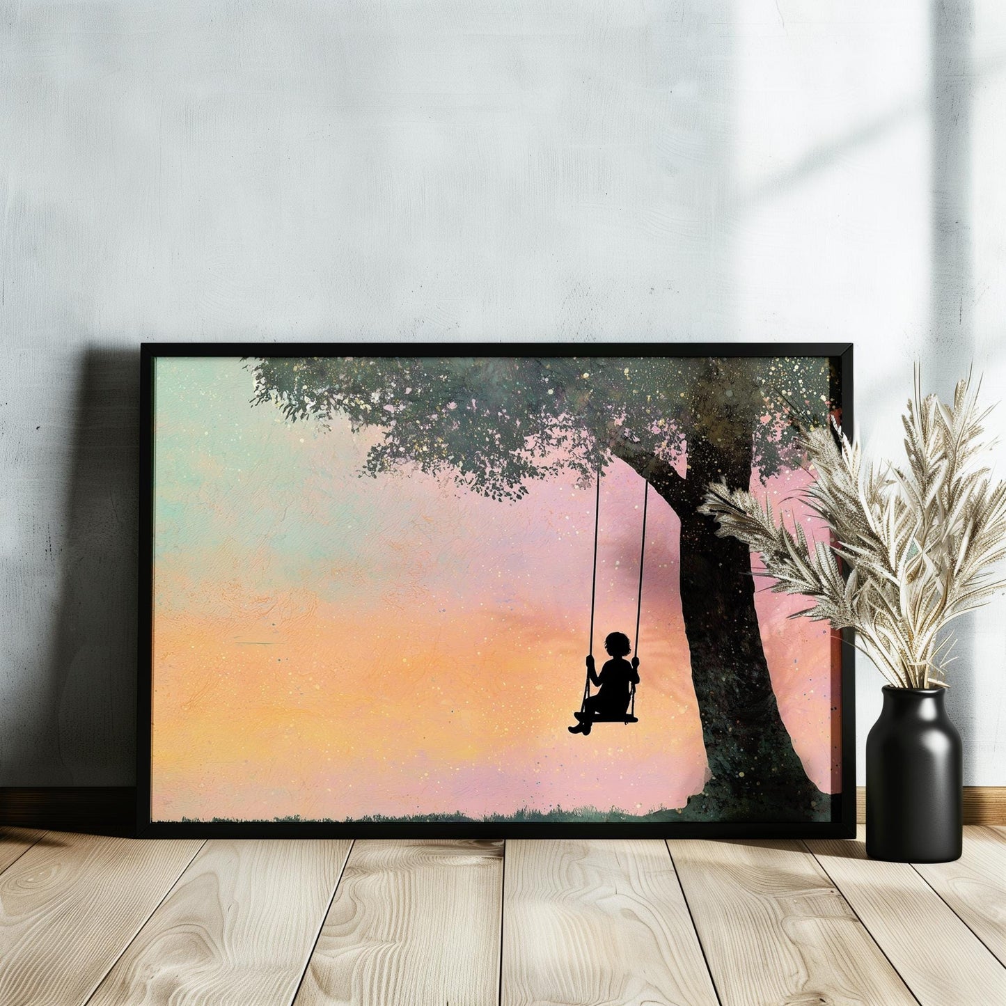 Child on a Swing Canvas / Unframed Print. Magical Childhood Keepsake Memories Watercolor Painting Coral Teal Wall Art Silhouette Picture - CanvasityCrafts - Free Shipping