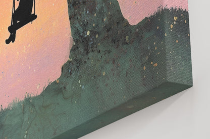 Child on a Swing Canvas / Unframed Print. Magical Childhood Keepsake Memories Watercolor Painting Coral Teal Wall Art Silhouette Picture - CanvasityCrafts - Free Shipping