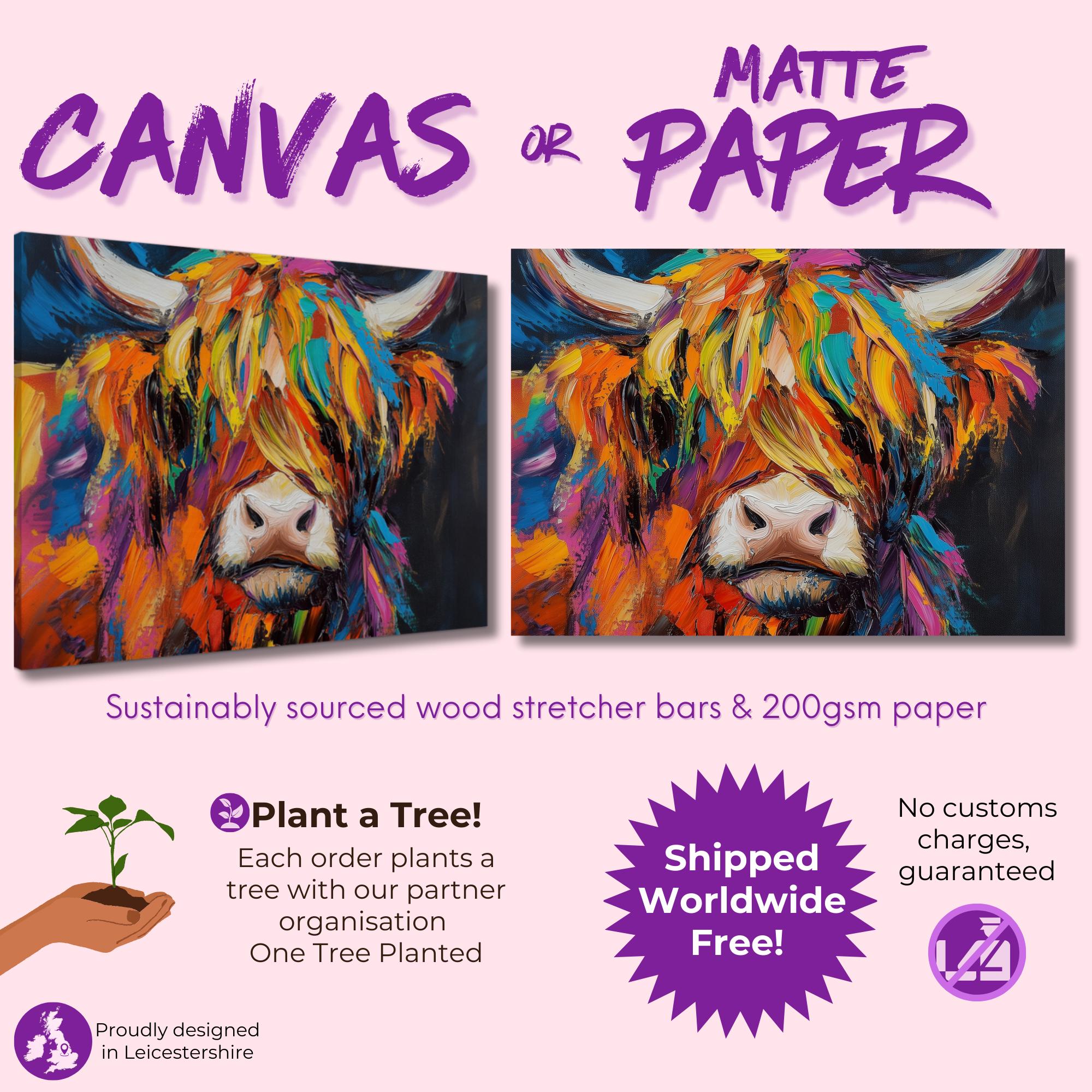 Highland Cow Canvas / Poster Print. Paint Splash Oil Painting Wall Decor Gifts Colourful Scottish Shaggy Cow Painting Farm Animal Farmer - CanvasityCrafts - Free Shipping