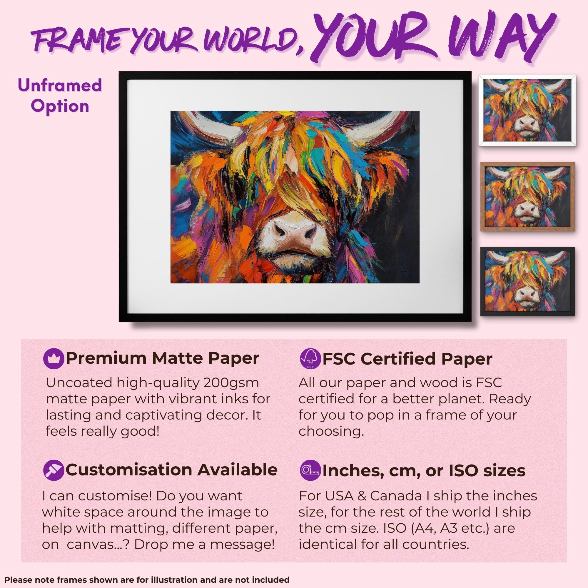 Highland Cow Canvas / Poster Print. Paint Splash Oil Painting Wall Decor Gifts Colourful Scottish Shaggy Cow Painting Farm Animal Farmer - CanvasityCrafts - Free Shipping