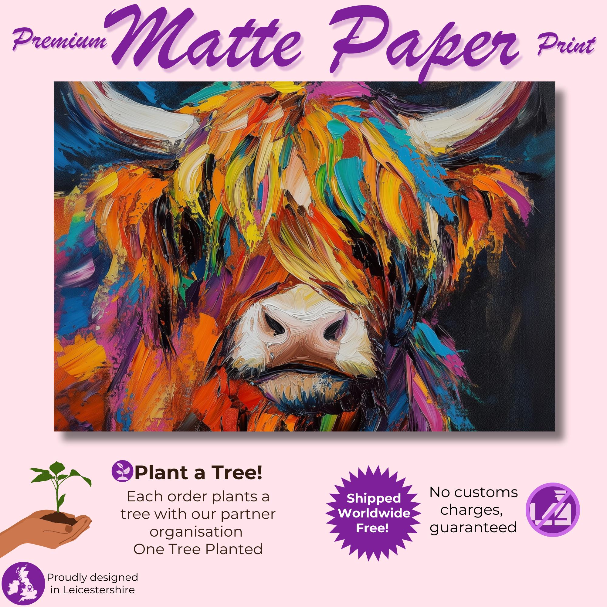 Highland Cow Canvas / Poster Print. Paint Splash Oil Painting Wall Decor Gifts Colourful Scottish Shaggy Cow Painting Farm Animal Farmer - CanvasityCrafts - Free Shipping
