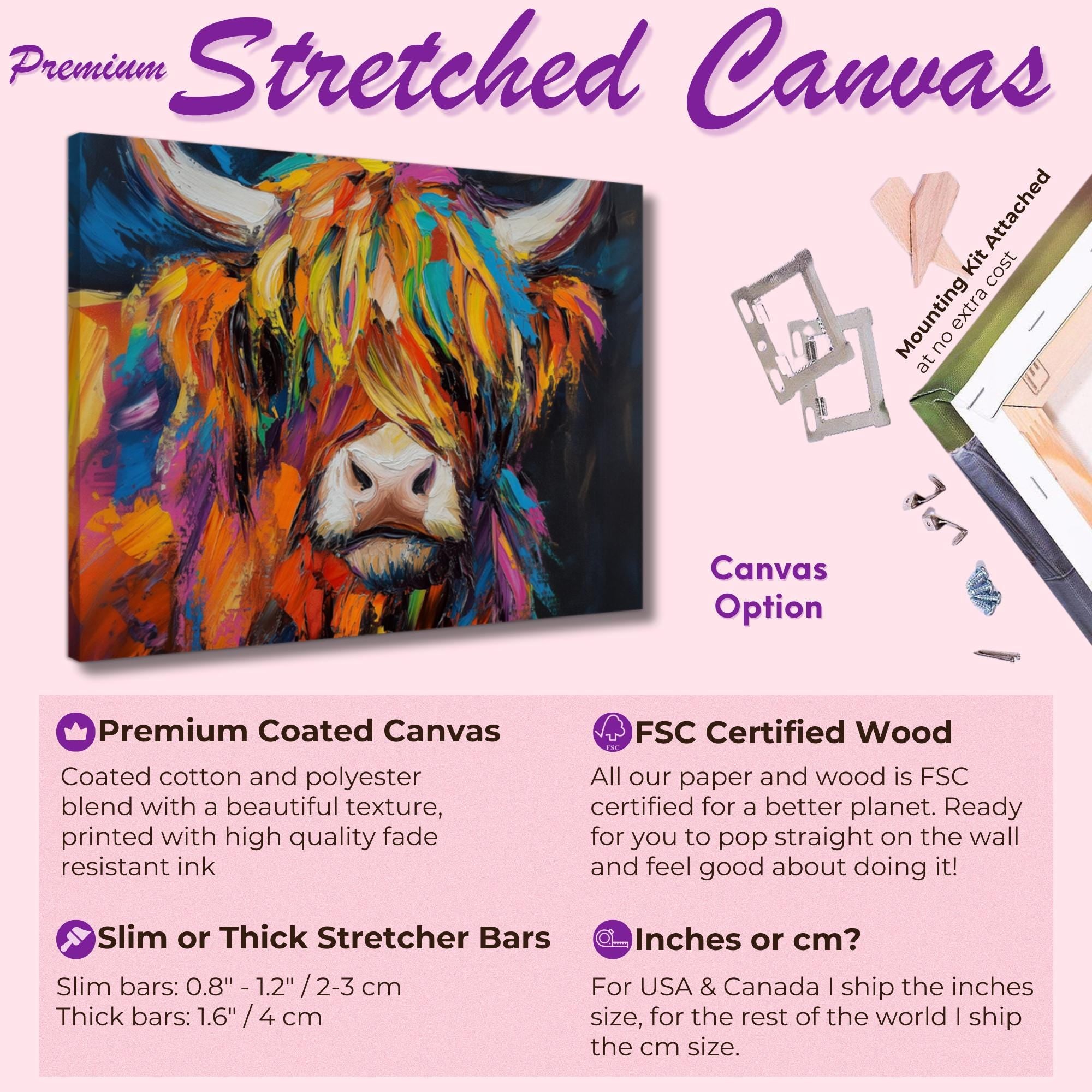 Highland Cow Canvas / Poster Print. Paint Splash Oil Painting Wall Decor Gifts Colourful Scottish Shaggy Cow Painting Farm Animal Farmer - CanvasityCrafts - Free Shipping