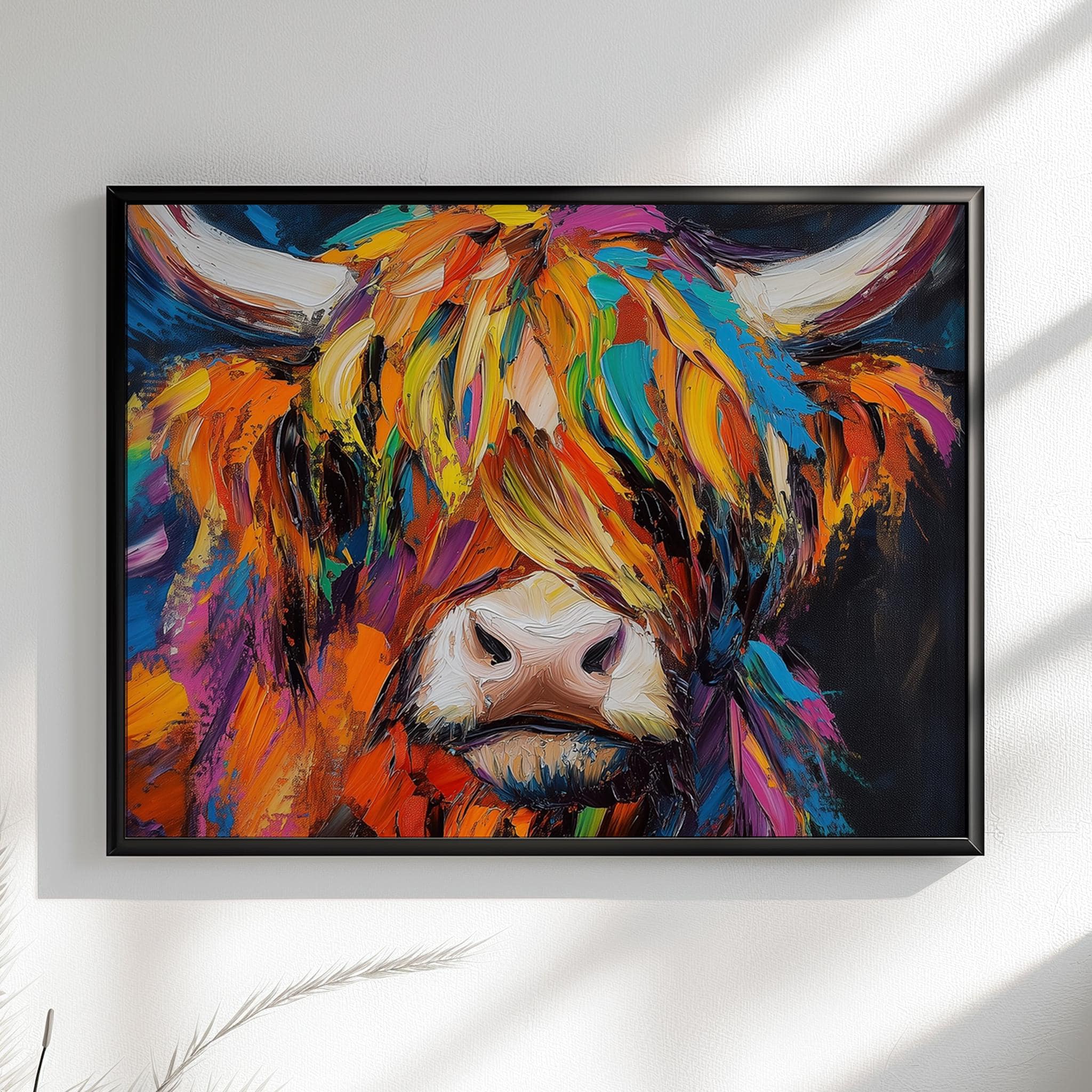 Highland Cow Canvas / Poster Print. Paint Splash Oil Painting Wall Decor Gifts Colourful Scottish Shaggy Cow Painting Farm Animal Farmer - CanvasityCrafts - Free Shipping