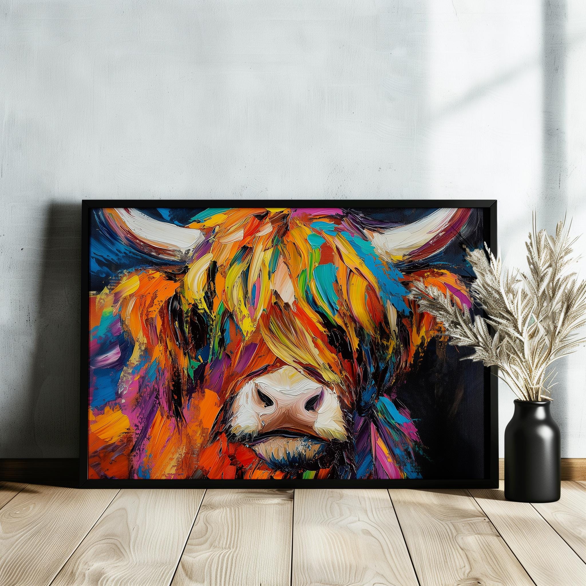 Highland Cow Canvas / Poster Print. Paint Splash Oil Painting Wall Decor Gifts Colourful Scottish Shaggy Cow Painting Farm Animal Farmer - CanvasityCrafts - Free Shipping