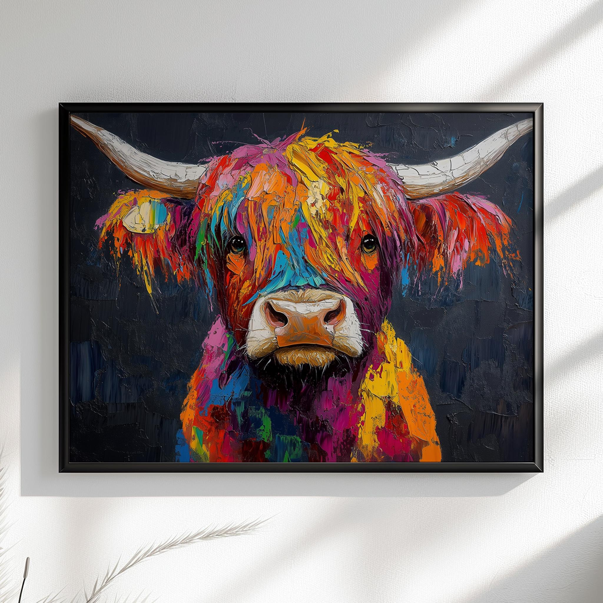 Highland Cow Canvas / Poster Print. Paint Splash Oil Painting Wall Decor Gifts Colourful Scottish Shaggy Cow Painting Farm Animal Farmer - CanvasityCrafts - Free Shipping