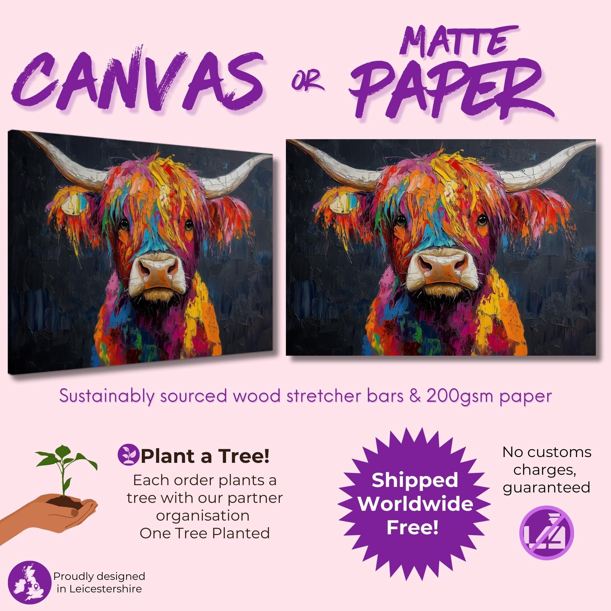 Highland Cow Canvas / Poster Print. Paint Splash Oil Painting Wall Decor Gifts Colourful Scottish Shaggy Cow Painting Farm Animal Farmer - CanvasityCrafts - Free Shipping