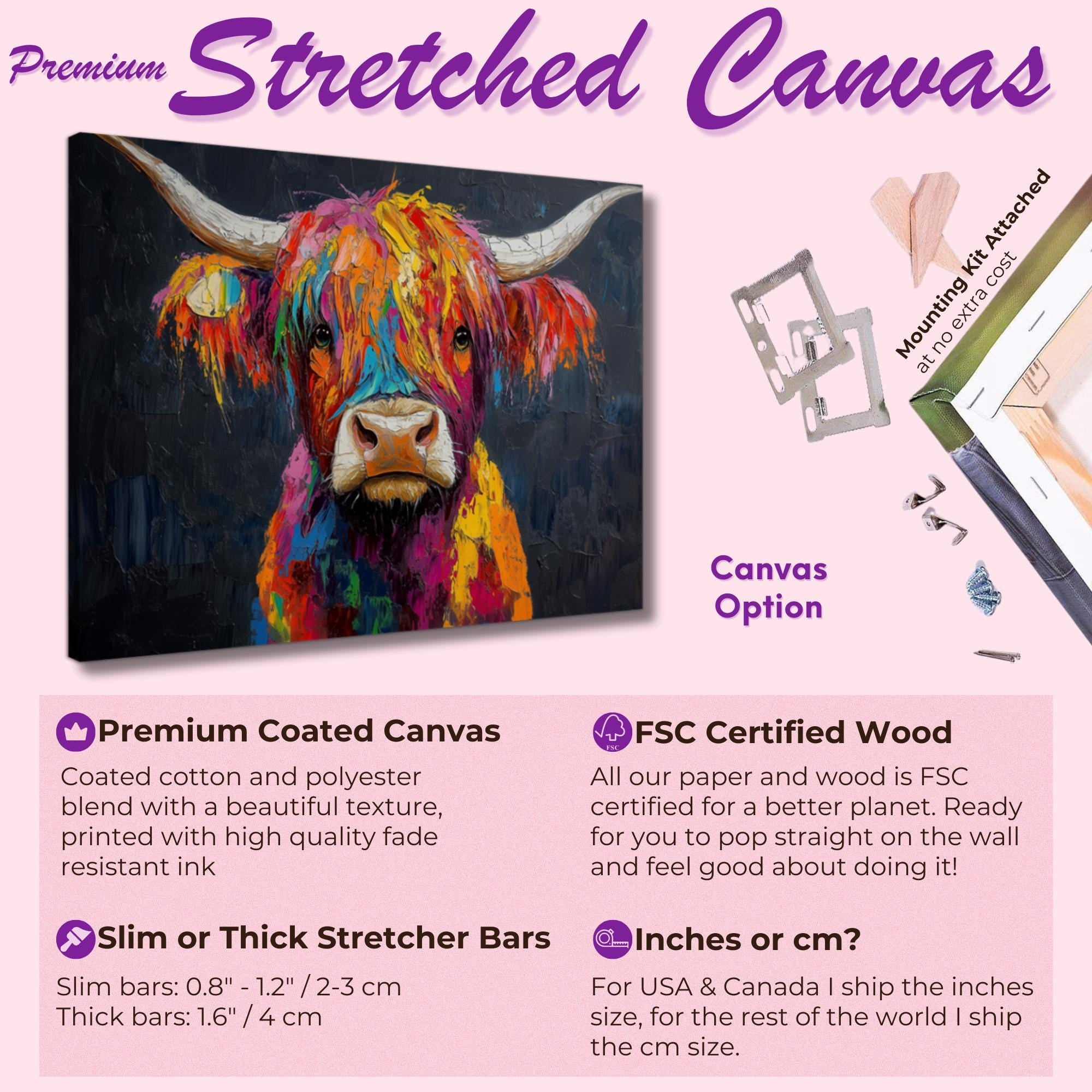 Highland Cow Canvas / Poster Print. Paint Splash Oil Painting Wall Decor Gifts Colourful Scottish Shaggy Cow Painting Farm Animal Farmer - CanvasityCrafts - Free Shipping