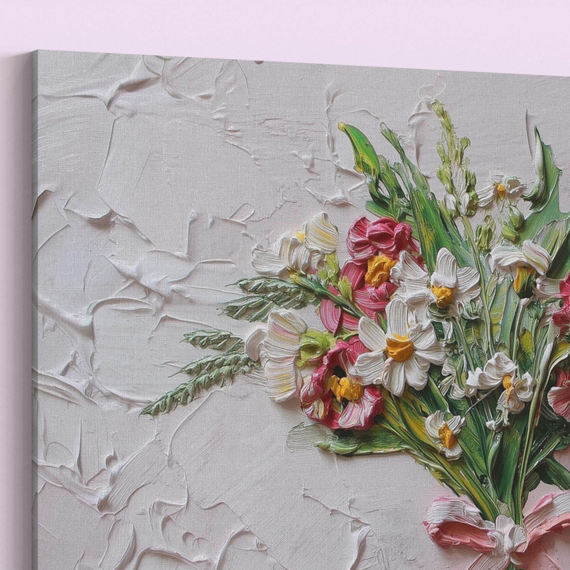 Coquette Flowers Canvas / Unframed Print. Impasto Wildflowers Pink Bow Wall Art Daisy Bouquet Painting Poster Picture Gift - CanvasityCrafts - Free Shipping