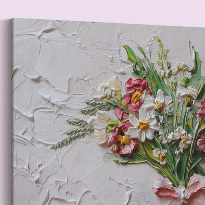 Coquette Flowers Canvas / Unframed Print. Impasto Wildflowers Pink Bow Wall Art Daisy Bouquet Painting Poster Picture Gift - CanvasityCrafts - Free Shipping