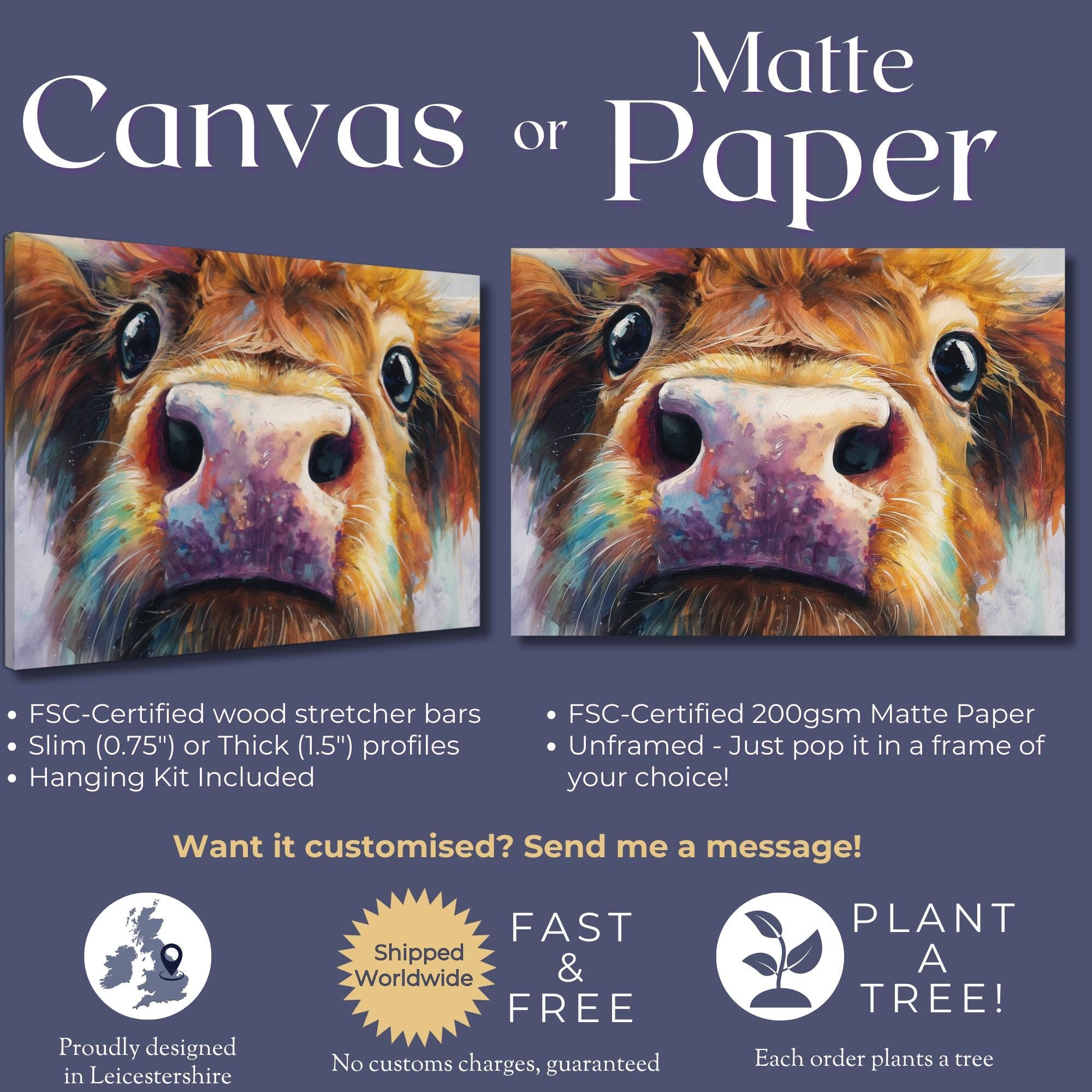 Highland Cow Print Canvas / Unframed. Colourful Farm Animal Wall Art, Rustic Home Decor, Multicolor Coo Gift Painting Poster Picture Farmer - CanvasityCrafts - Free Shipping