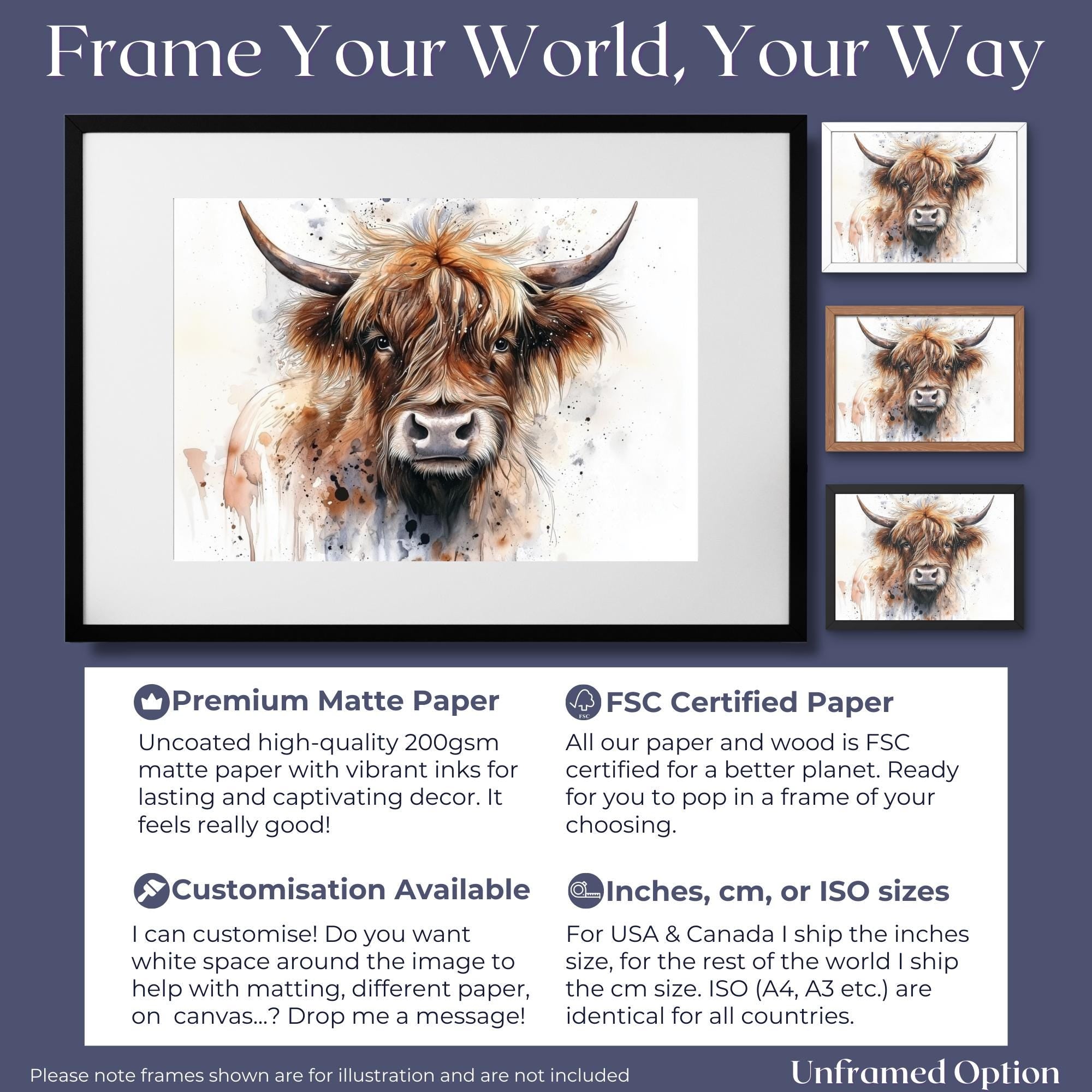 Highland Cow Canvas Or Poster. Watercolour Paint Splash Art, framed canvas painting picture print wall hanging animal decor - CanvasityCrafts - Free Shipping