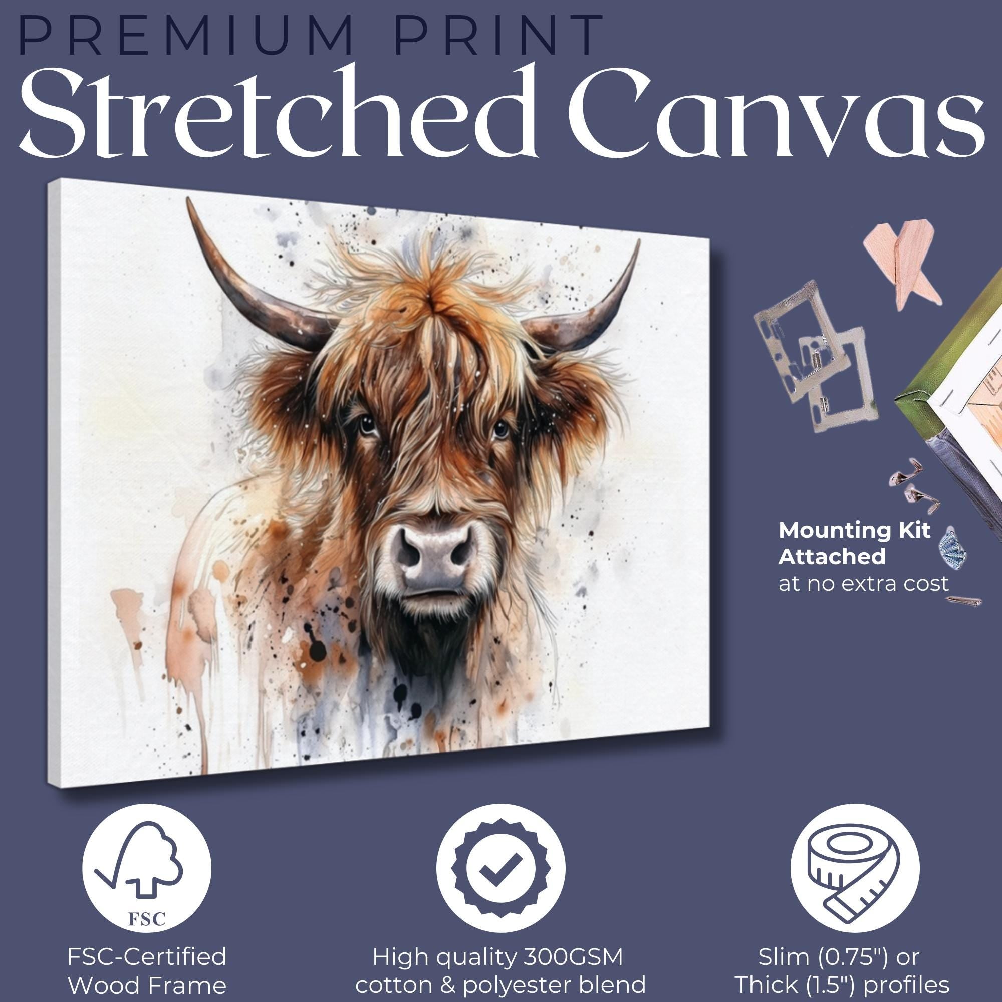 Highland Cow Canvas Or Poster. Watercolour Paint Splash Art, framed canvas painting picture print wall hanging animal decor - CanvasityCrafts - Free Shipping