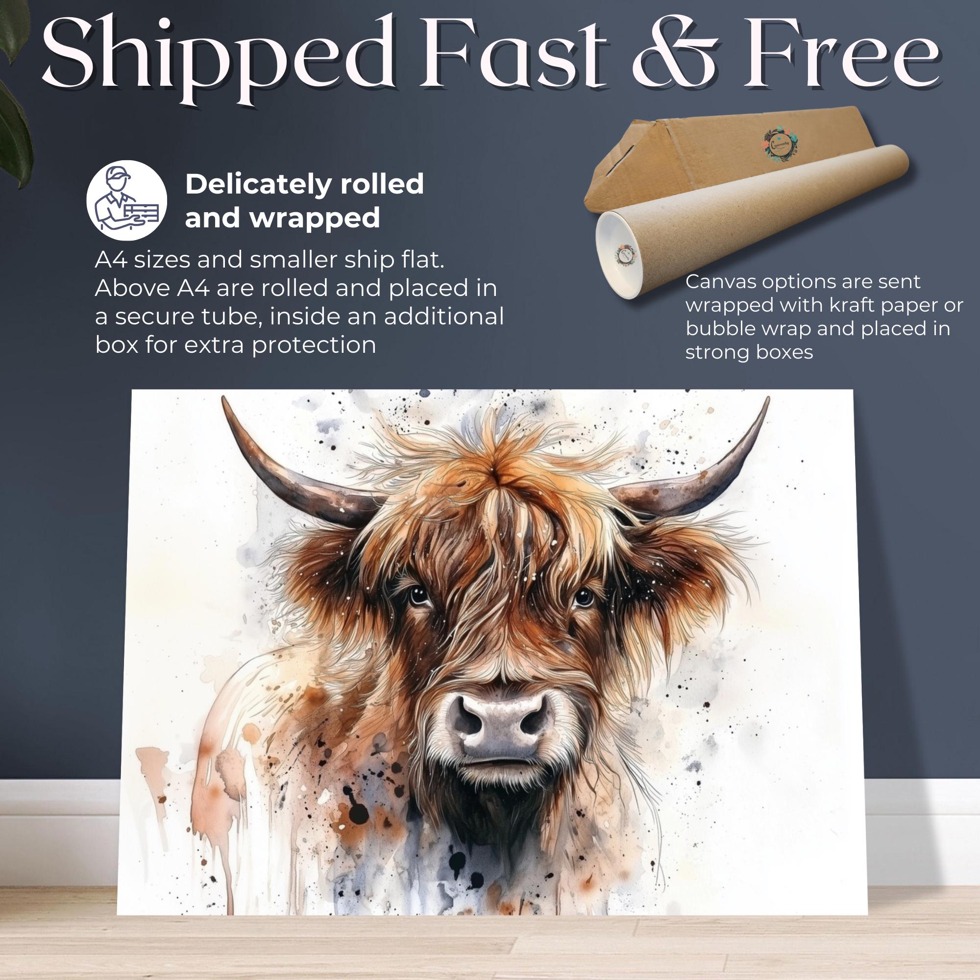 Highland Cow Canvas Or Poster. Watercolour Paint Splash Art, framed canvas painting picture print wall hanging animal decor - CanvasityCrafts - Free Shipping