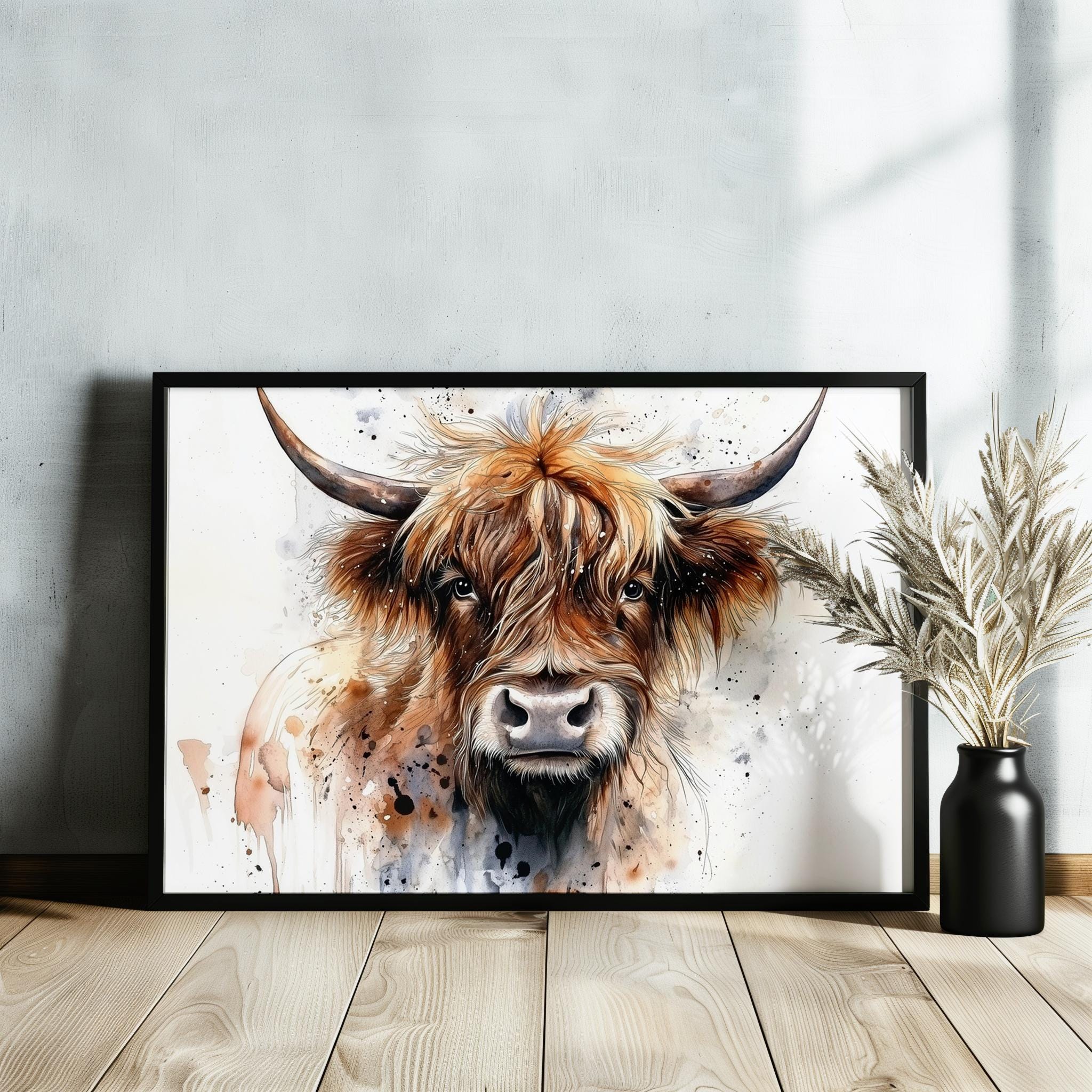 Highland Cow Canvas Or Poster. Watercolour Paint Splash Art, framed canvas painting picture print wall hanging animal decor - CanvasityCrafts - Free Shipping