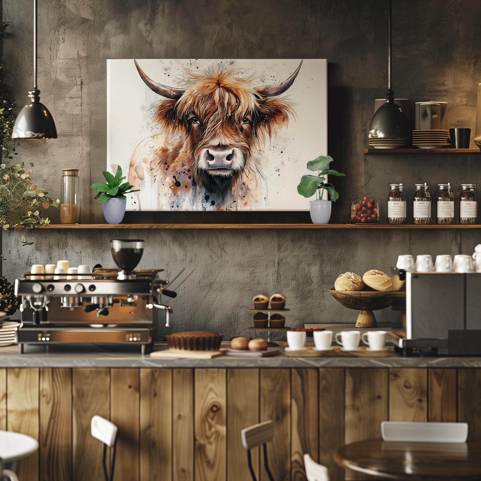 Highland Cow Canvas Or Poster. Watercolour Paint Splash Art, framed canvas painting picture print wall hanging animal decor - CanvasityCrafts - Free Shipping