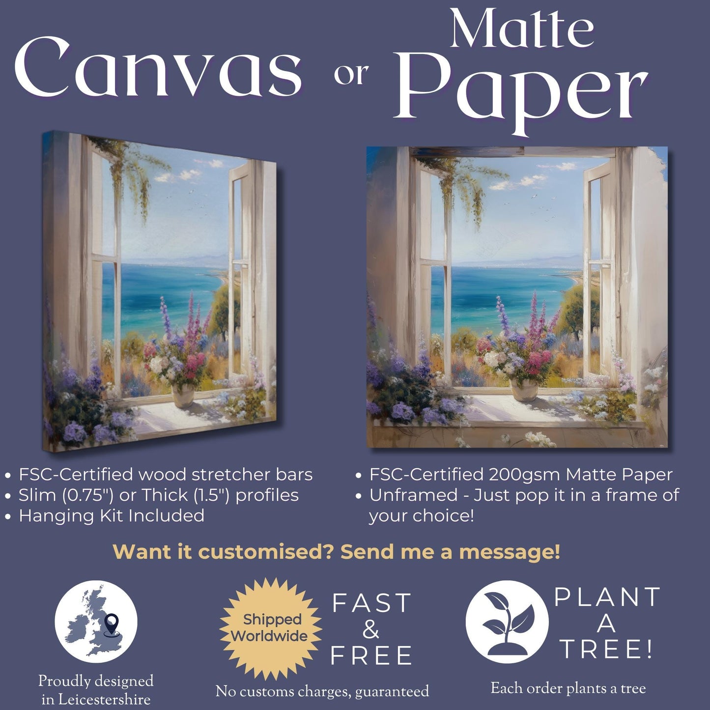 Wildflowers & Open Window Canvas / Unframed Print. Ocean View Coastal Art Beach Sea Living Room Kitchen Painting Picture Poster Wall Decor, - CanvasityCrafts - Free Shipping