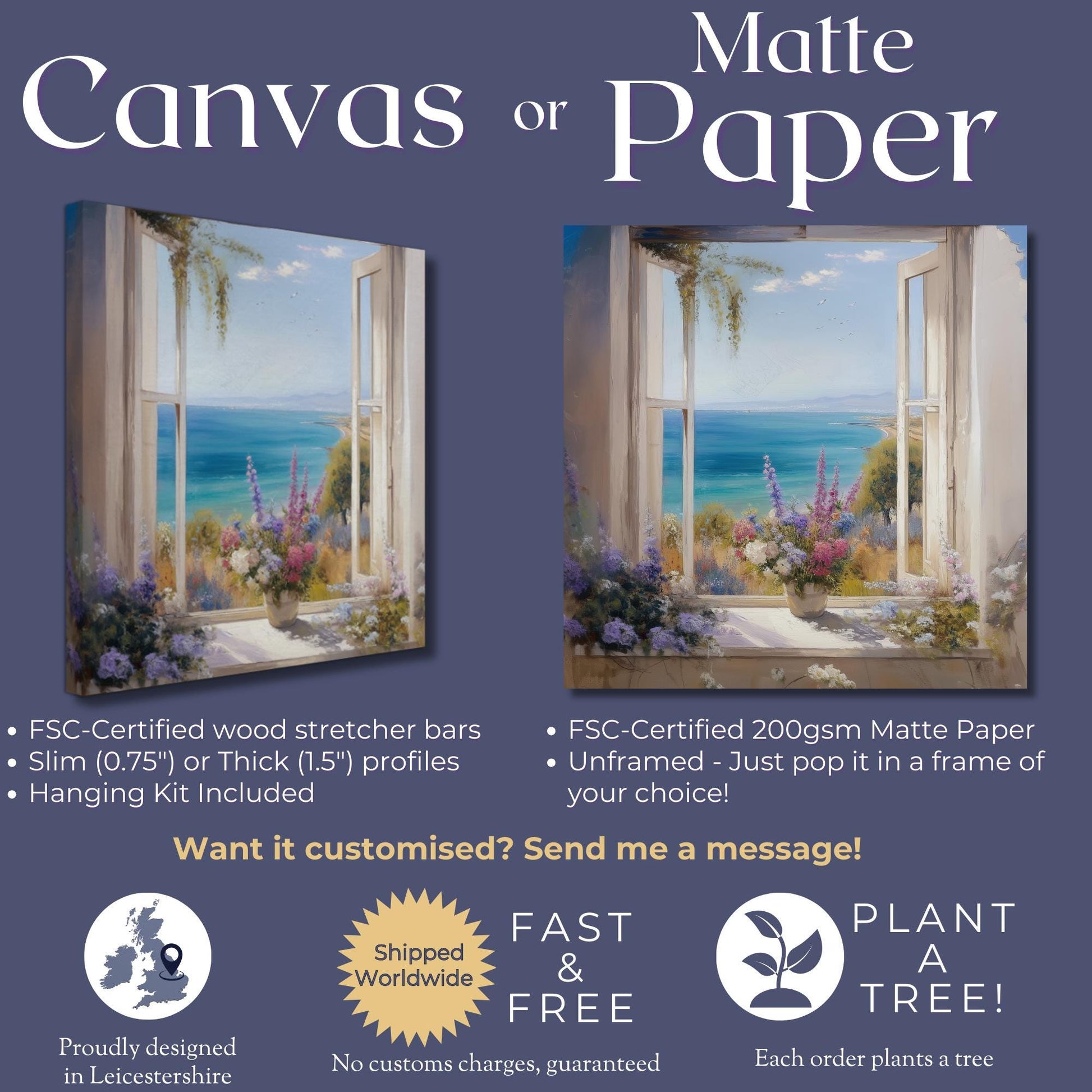 Wildflowers & Open Window Canvas / Unframed Print. Ocean View Coastal Art Beach Sea Living Room Kitchen Painting Picture Poster Wall Decor, - CanvasityCrafts - Free Shipping