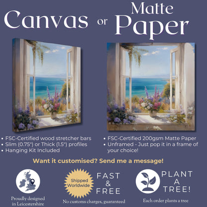 Wildflowers & Open Window Canvas / Unframed Print. Ocean View Coastal Art Beach Sea Living Room Kitchen Painting Picture Poster Wall Decor, - CanvasityCrafts - Free Shipping