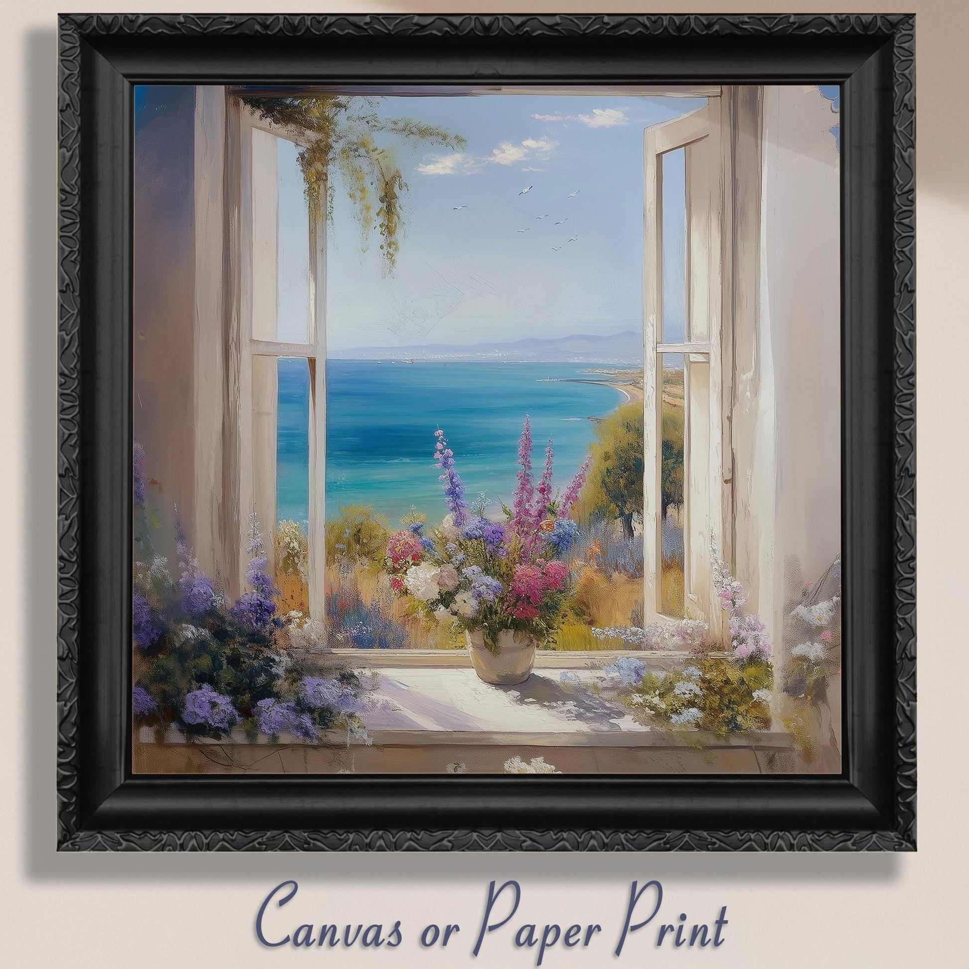 Wildflowers & Open Window Canvas / Unframed Print. Ocean View Coastal Art Beach Sea Living Room Kitchen Painting Picture Poster Wall Decor, - CanvasityCrafts - Free Shipping