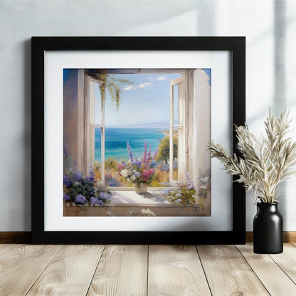 Wildflowers & Open Window Canvas / Unframed Print. Ocean View Coastal Art Beach Sea Living Room Kitchen Painting Picture Poster Wall Decor, - CanvasityCrafts - Free Shipping