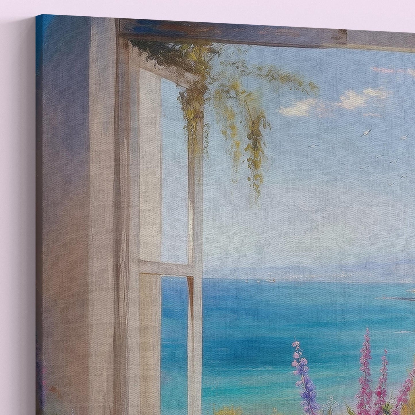 Wildflowers & Open Window Canvas / Unframed Print. Ocean View Coastal Art Beach Sea Living Room Kitchen Painting Picture Poster Wall Decor, - CanvasityCrafts - Free Shipping