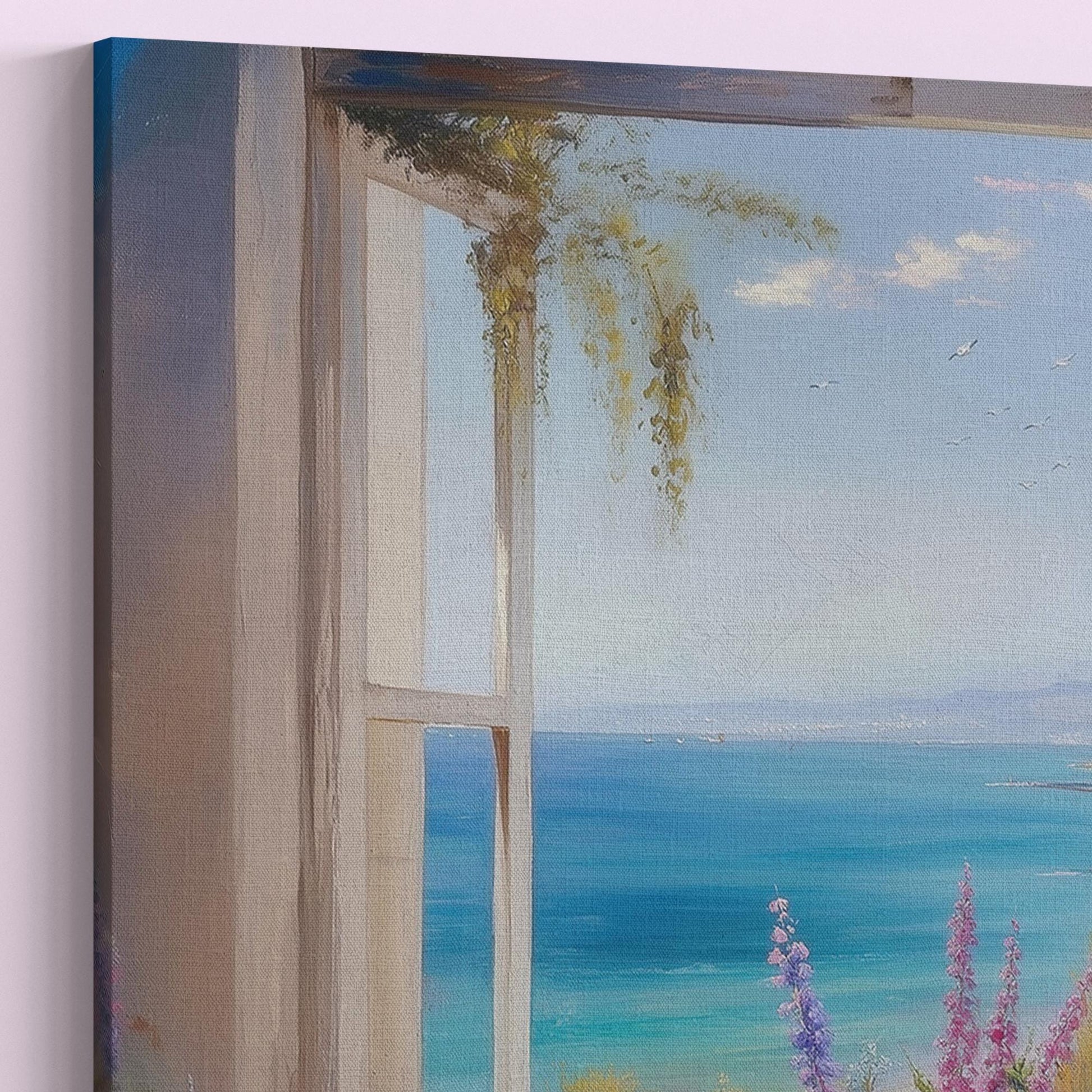 Wildflowers & Open Window Canvas / Unframed Print. Ocean View Coastal Art Beach Sea Living Room Kitchen Painting Picture Poster Wall Decor, - CanvasityCrafts - Free Shipping