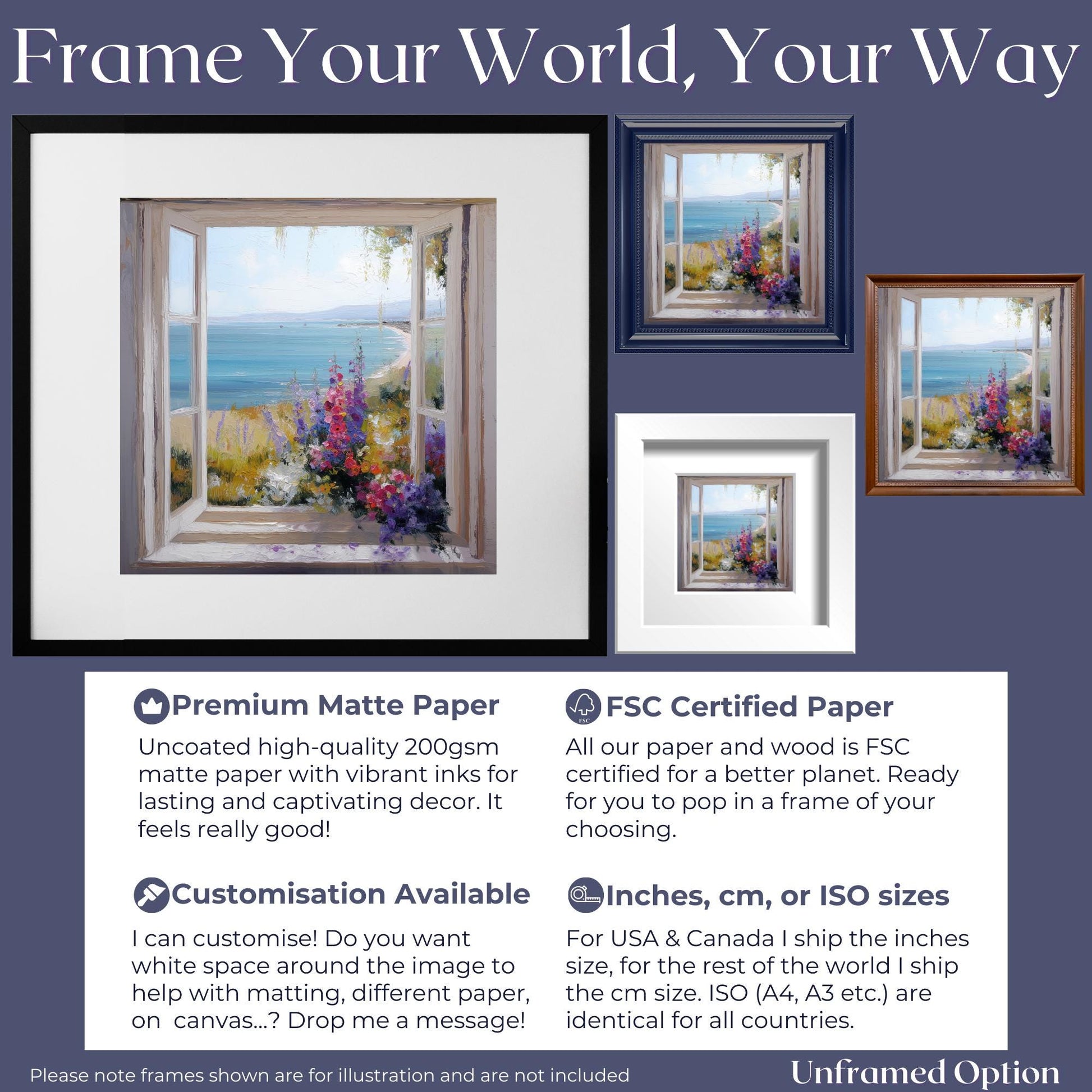 Wildflowers & Open Window Canvas / Unframed Print. Ocean View Coastal Art Beach Sea Living Room Kitchen Painting Picture Poster Wall Decor - CanvasityCrafts - Free Shipping