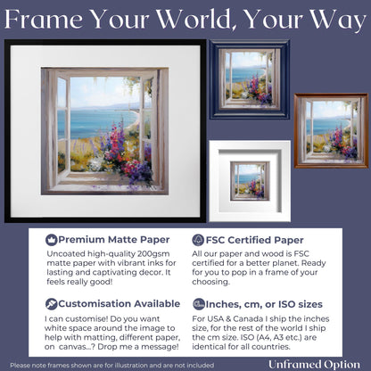 Wildflowers & Open Window Canvas / Unframed Print. Ocean View Coastal Art Beach Sea Living Room Kitchen Painting Picture Poster Wall Decor - CanvasityCrafts - Free Shipping