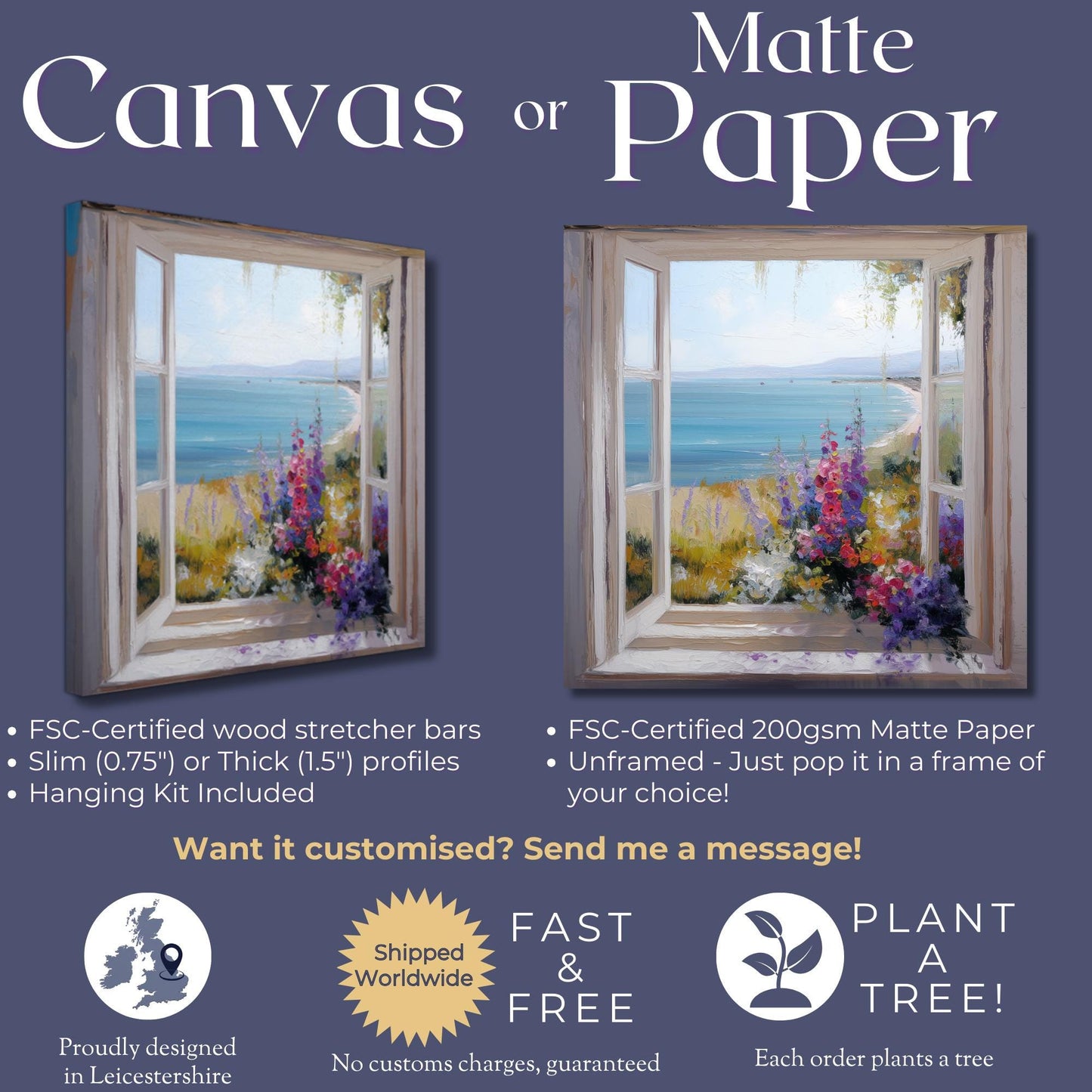 Wildflowers & Open Window Canvas / Unframed Print. Ocean View Coastal Art Beach Sea Living Room Kitchen Painting Picture Poster Wall Decor - CanvasityCrafts - Free Shipping