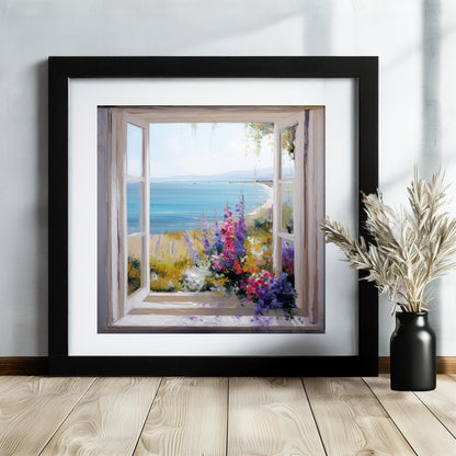 Wildflowers & Open Window Canvas / Unframed Print. Ocean View Coastal Art Beach Sea Living Room Kitchen Painting Picture Poster Wall Decor - CanvasityCrafts - Free Shipping