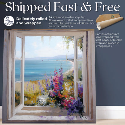 Wildflowers & Open Window Canvas / Unframed Print. Ocean View Coastal Art Beach Sea Living Room Kitchen Painting Picture Poster Wall Decor - CanvasityCrafts - Free Shipping