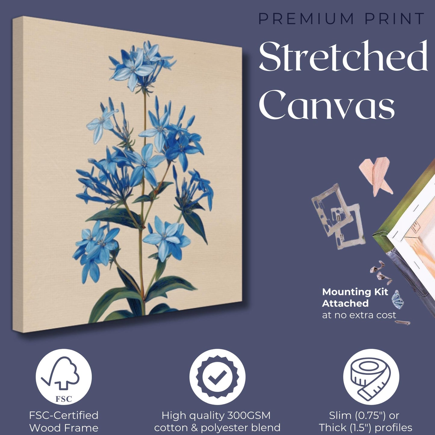 Blue Bluestar Flower Canvas / Unframed Print. Amsonia Blue Star Wildflower Picture Poster, Navy Wall Decor, Glamorous Minimalist Floral Art - CanvasityCrafts - Free Shipping