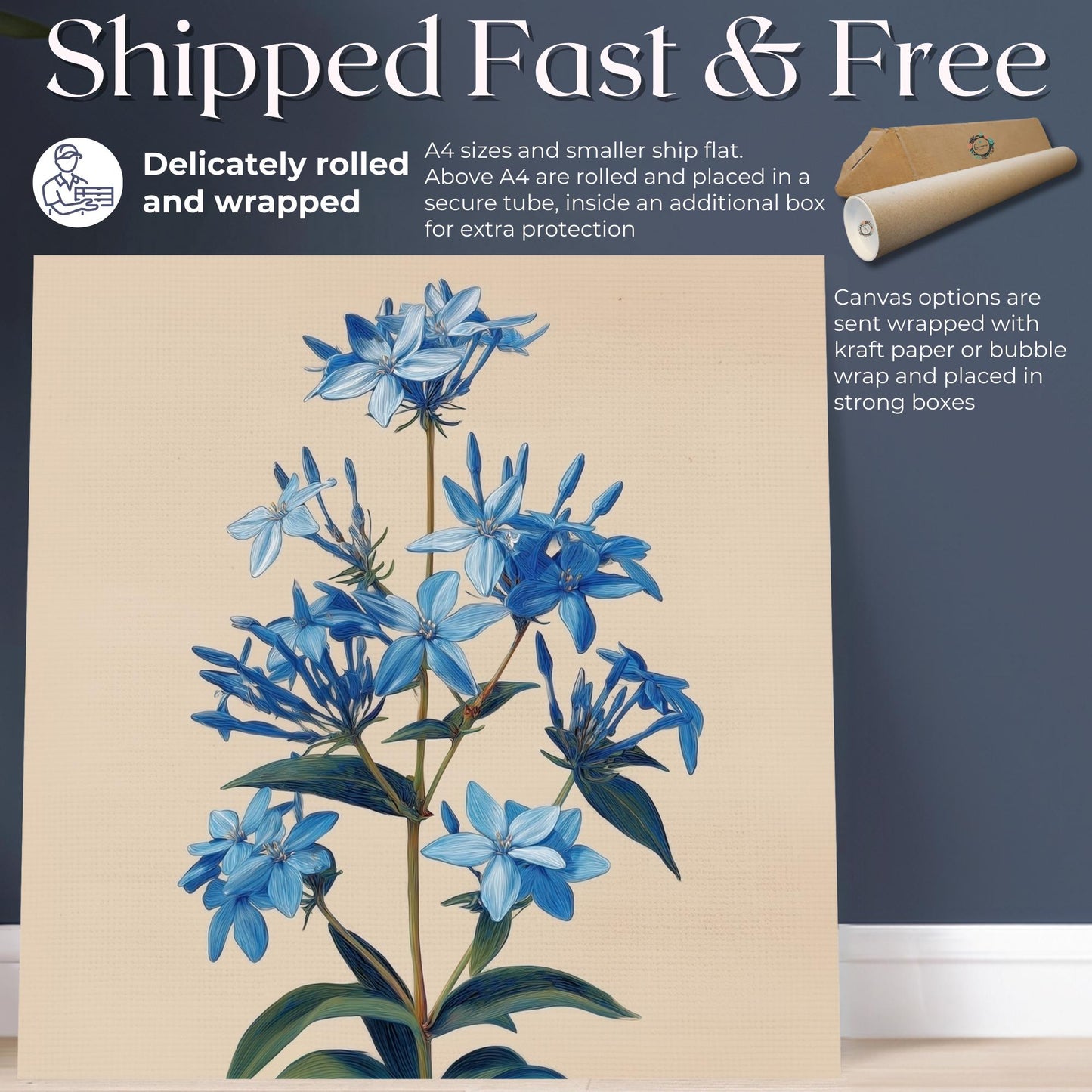 Blue Bluestar Flower Canvas / Unframed Print. Amsonia Blue Star Wildflower Picture Poster, Navy Wall Decor, Glamorous Minimalist Floral Art - CanvasityCrafts - Free Shipping