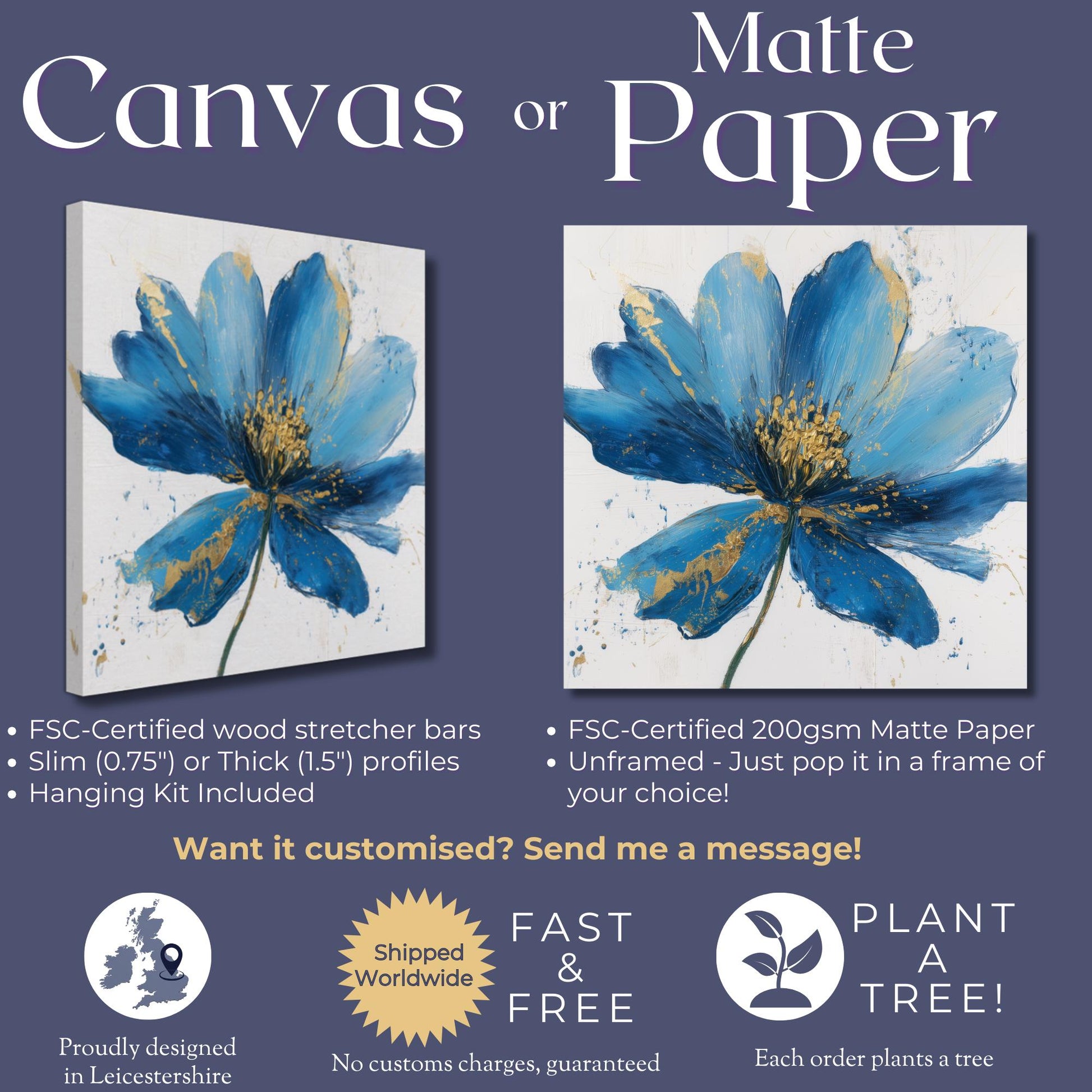 Blue Flower Art Canvas / Unframed Print. Abstract Contemporary Glamorous Art, Blue Gold Picture, Floral Wall Decor, Glamourous Art Poster - CanvasityCrafts - Free Shipping