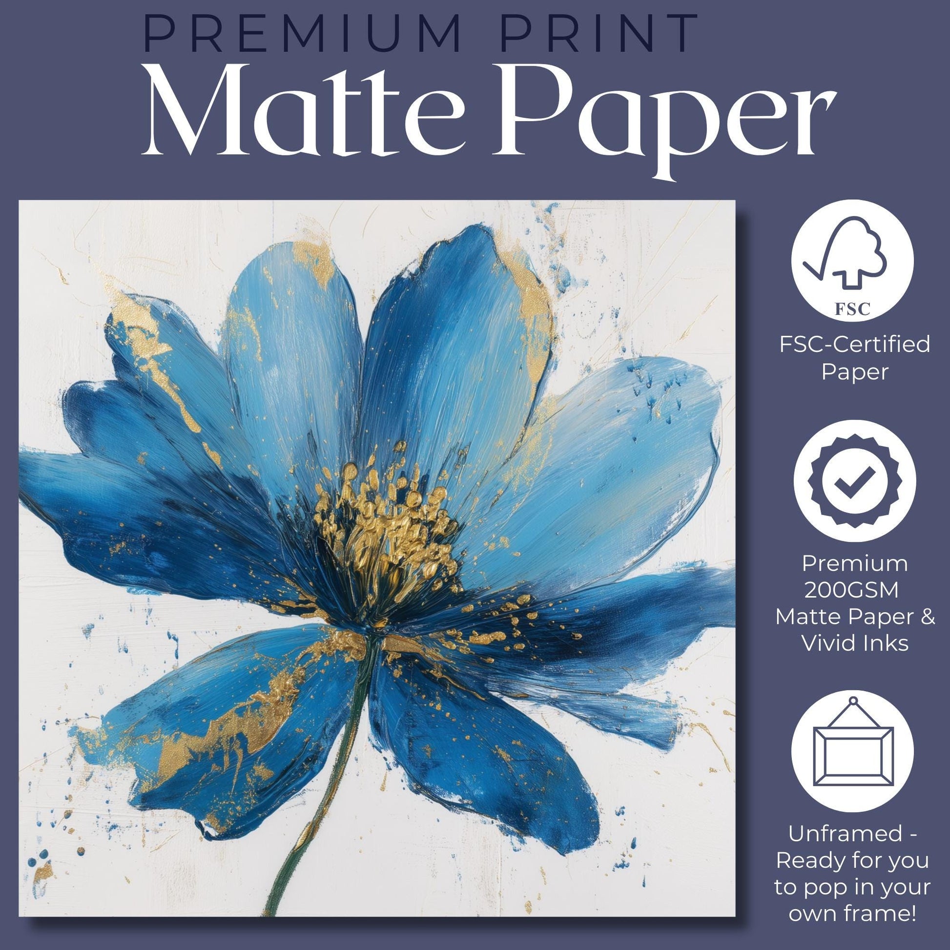 Blue Flower Art Canvas / Unframed Print. Abstract Contemporary Glamorous Art, Blue Gold Picture, Floral Wall Decor, Glamourous Art Poster - CanvasityCrafts - Free Shipping