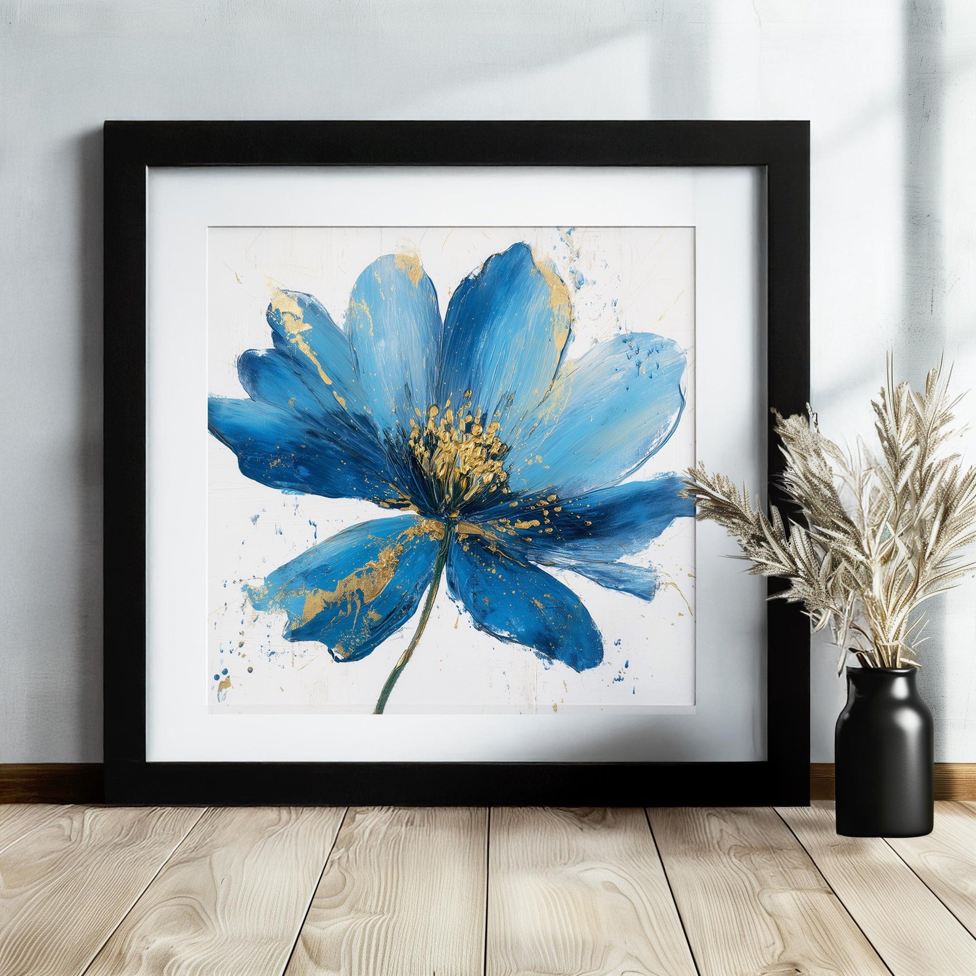 Blue Flower Art Canvas / Unframed Print. Abstract Contemporary Glamorous Art, Blue Gold Picture, Floral Wall Decor, Glamourous Art Poster - CanvasityCrafts - Free Shipping