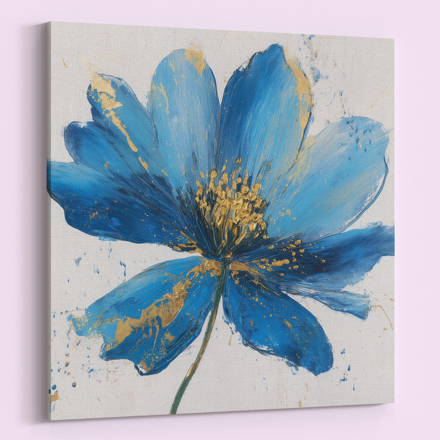 Blue Flower Art Canvas / Unframed Print. Abstract Contemporary Glamorous Art, Blue Gold Picture, Floral Wall Decor, Glamourous Art Poster - CanvasityCrafts - Free Shipping