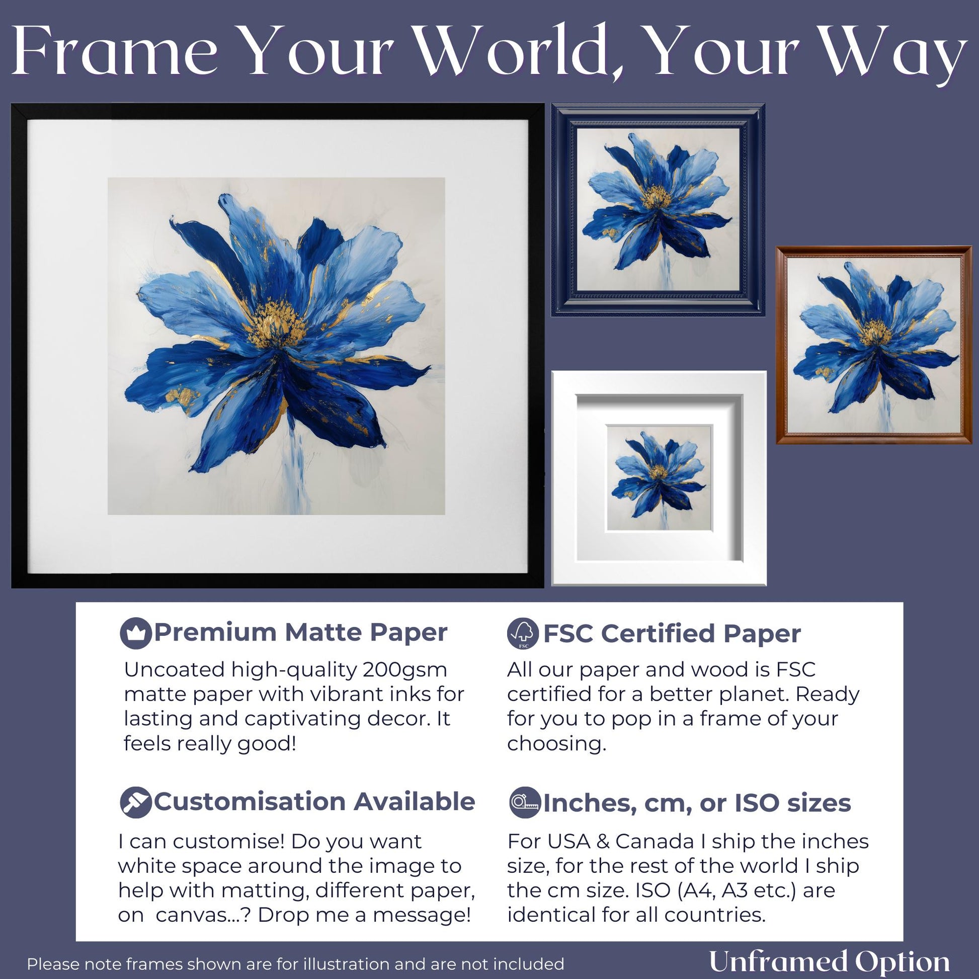 Blue Flower Art Canvas / Unframed Print. Abstract Contemporary Glamorous Art, Blue Gold Picture, Floral Wall Decor, Glamourous Art Poster - CanvasityCrafts - Free Shipping